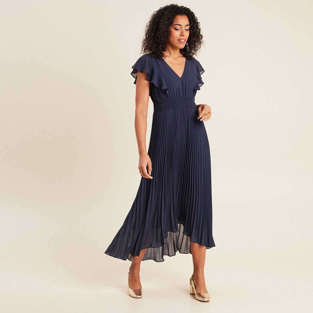 Robe longue &eacute;vas&eacute;e &agrave; volants bleu marine femme