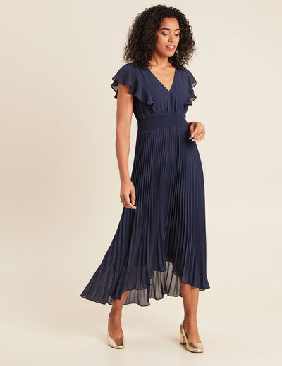 Robe longue évasée à volants bleu marine femme