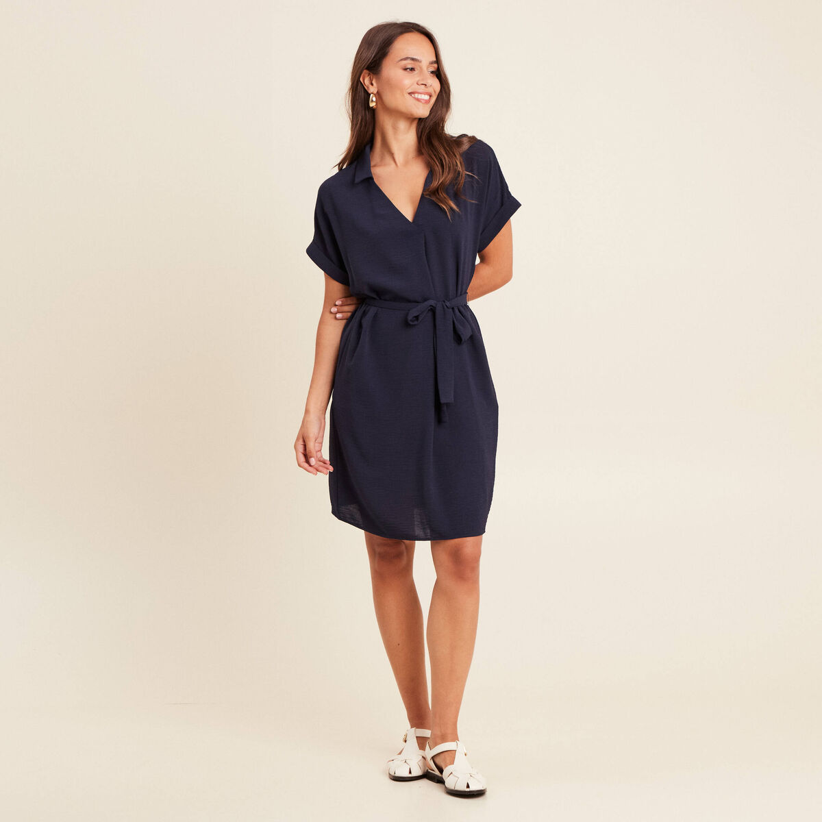 Robe fluide manches courtes bleu marine femme