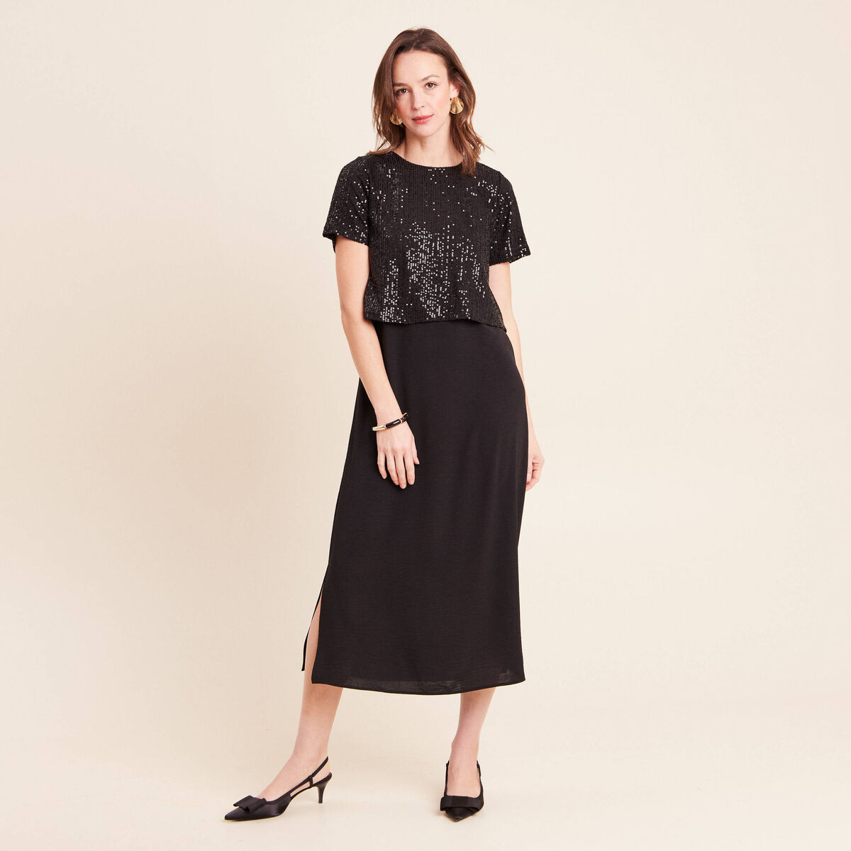 Robe longue &eacute;vas&eacute;e 2 en 1 col rond noir femme