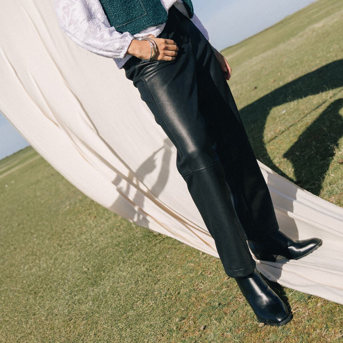 Pantalon similicuir droit 7/8&egrave;me noir femme