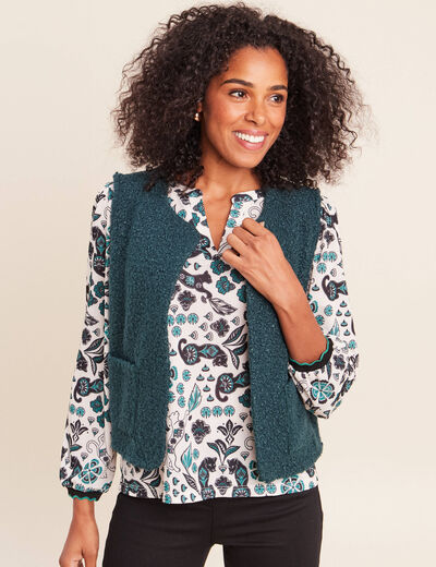 Gilet sans manches bouclette poches vert fonc&eacute; femme