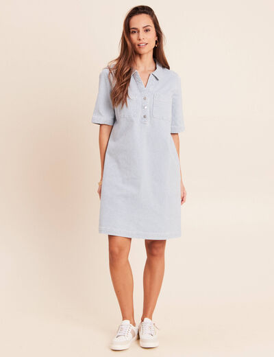 Robe droite courte en jean col chemise bleu femme