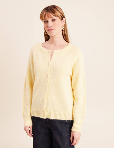 Gilet manches longues col rond jaune pastel femme