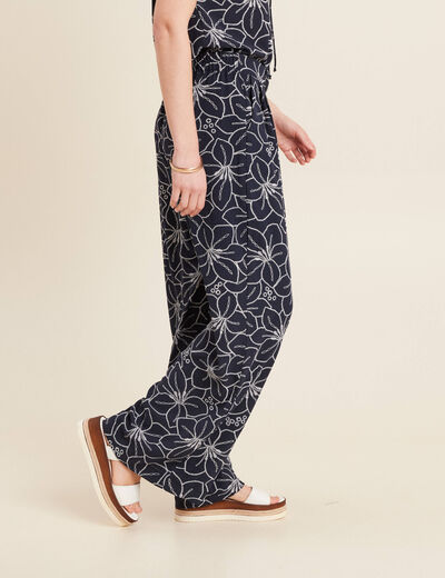 Pantalon large taille haute bleu foncé femme