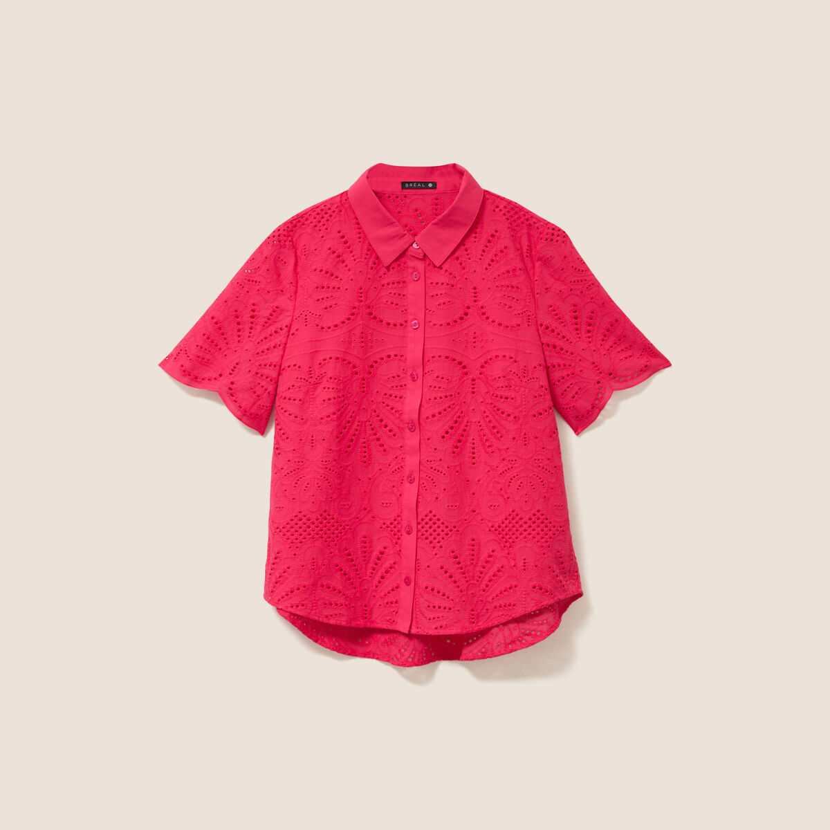 Chemise manches courtes brod&eacute;e rose fushia femme