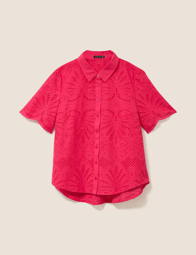 Chemise manches courtes brod&eacute;e rose fushia femme
