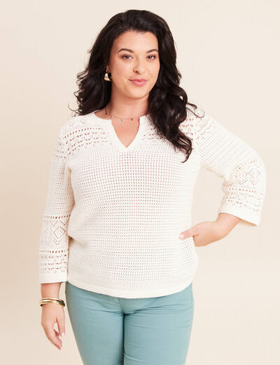 Pull col tunisien manches 3/4 ecru femme