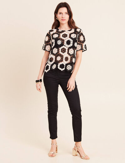Blouse col rond manches courtes dentelle ecru femme