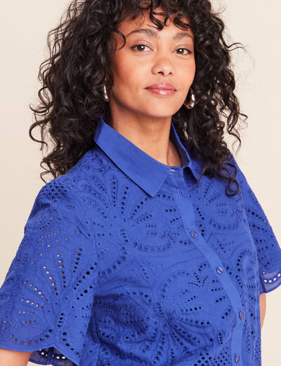Chemise manches courtes brod&eacute;e bleu fonc&eacute; femme