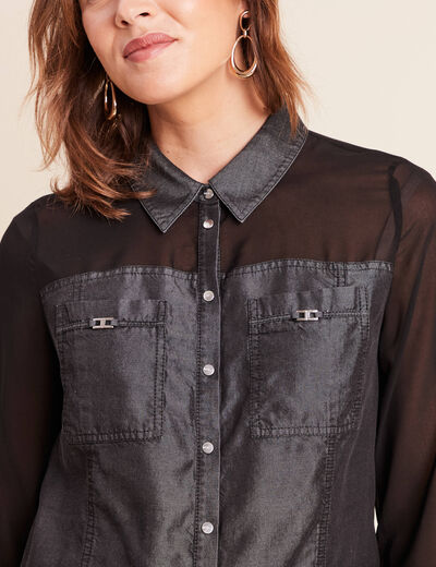 Chemise bi-mati&egrave;re manches longues denim gris femme