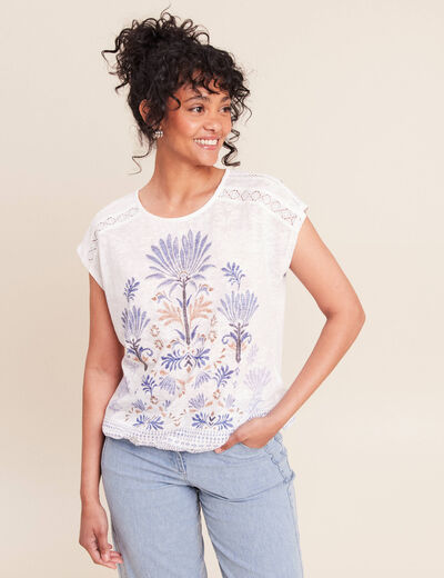T-shirt col rond manches courtes ecru femme