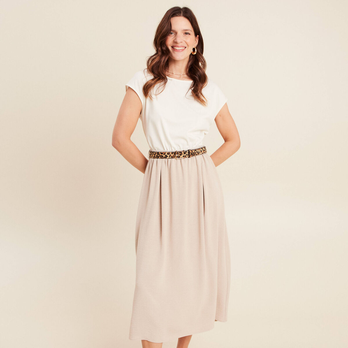 Robe longue évasée bi-matière ecru femme