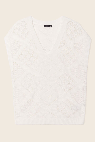 Pull manches courtes ajouré ecru femme