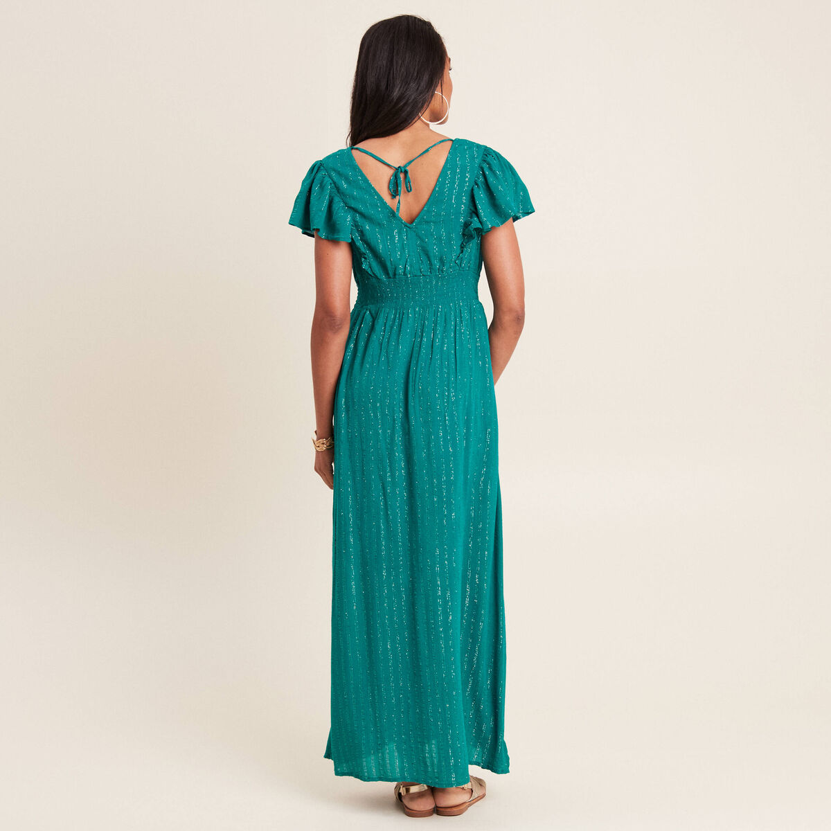 Robe longue droite fluide vert canard femme