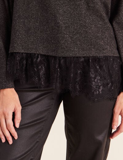 Pull col rond manches longues dentelle gris fonc&eacute; femme