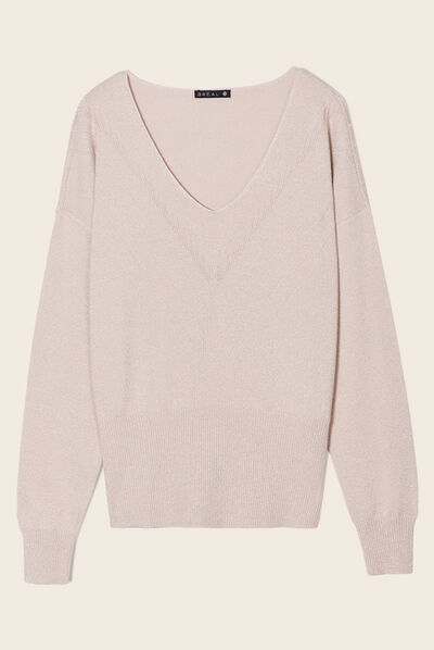 Pull manches longues col en V couleur or femme