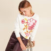Pull brod&eacute; col rond manches longues rose framboise femme