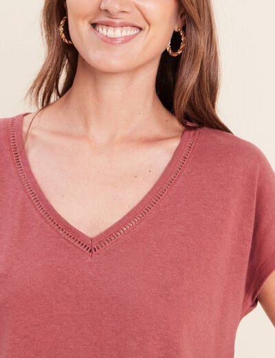 T-shirt col v manches courtes aspect lin vieux rose femme