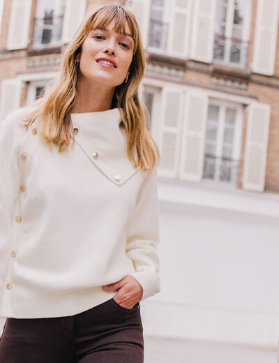 Pull droit col montant manches longues ecru femme