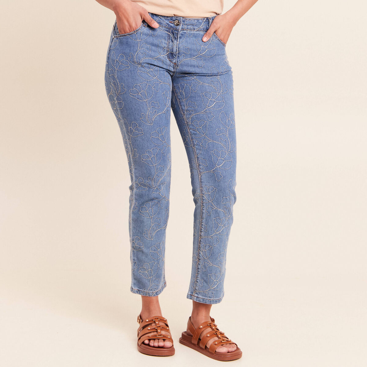 Jean coupe droite 7/8&egrave;me taille bascul&eacute;e denim double stone femme