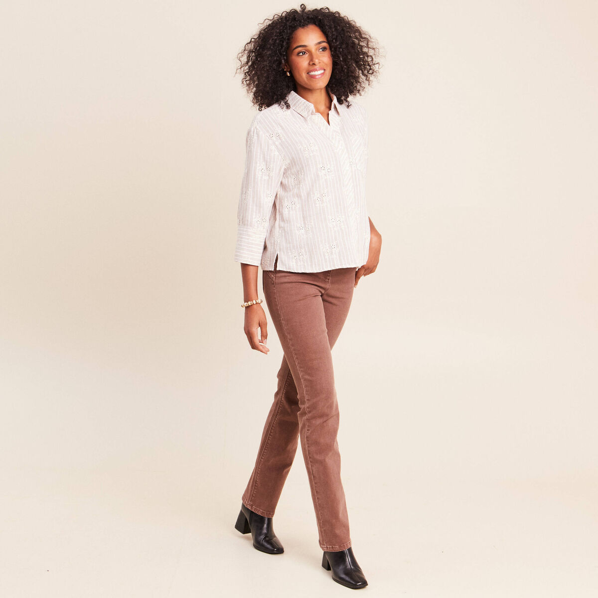 Chemise ample courte avec broderie marron chocolat femme
