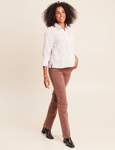 Chemise ample courte avec broderie marron chocolat femme
