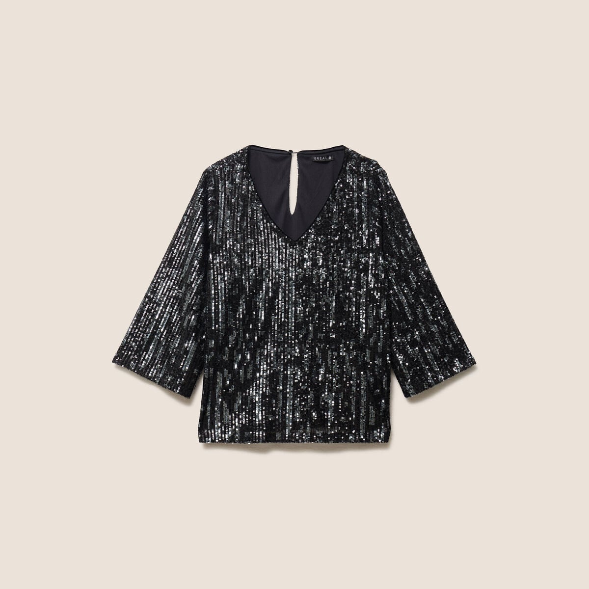 Blouse col v manches 3/4 &agrave; sequins gris fonc&eacute; femme