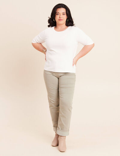 T-shirt ajust&eacute; col rond manches coudes ecru femme