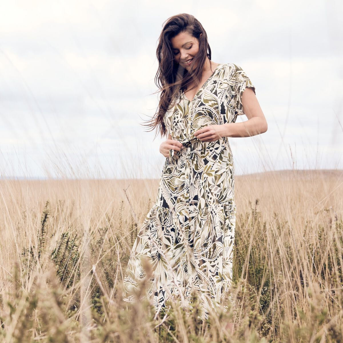 robe longue évasée col v manches courtes vert femme