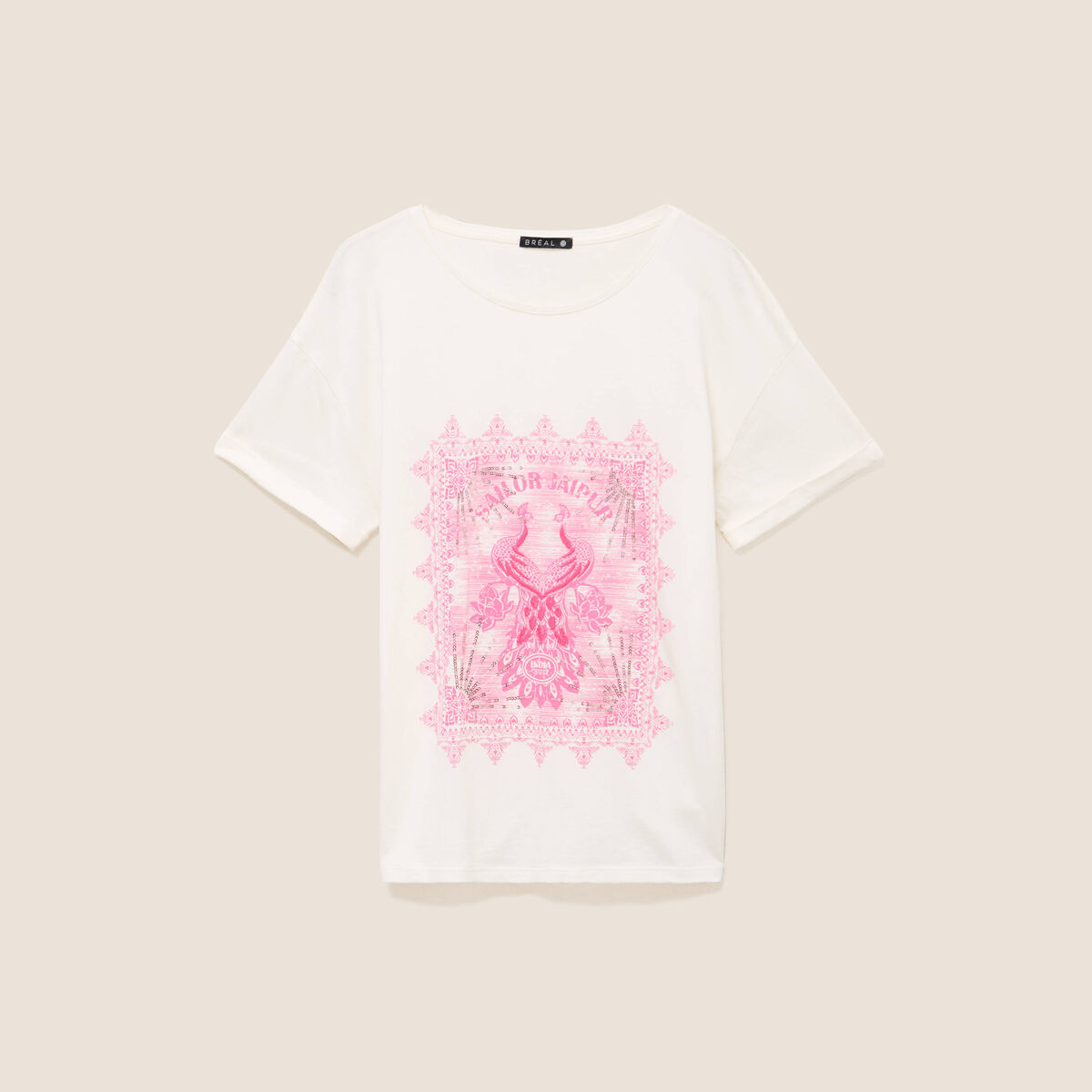 T-shirt col rond manches courtes brod&eacute; ecru femme