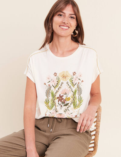 T-shirt col rond manches courtes ecru femme