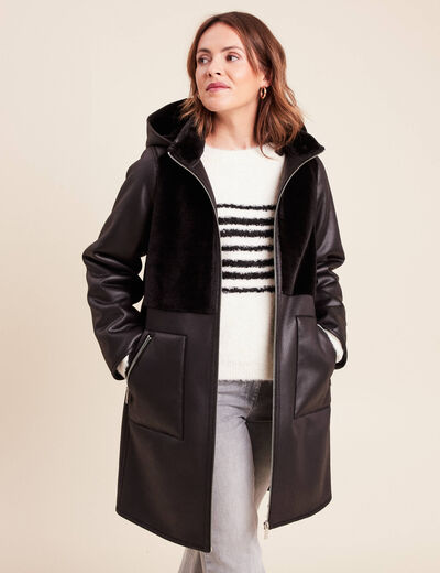 Manteau fausse fourrure capuche amovible noir femme