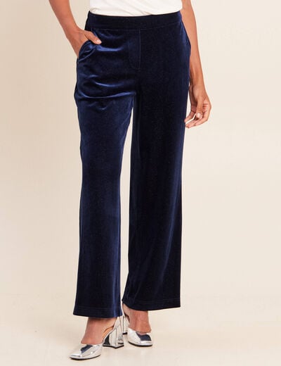 Pantalon large taille haute &agrave; paillettes bleu fonc&eacute; femme