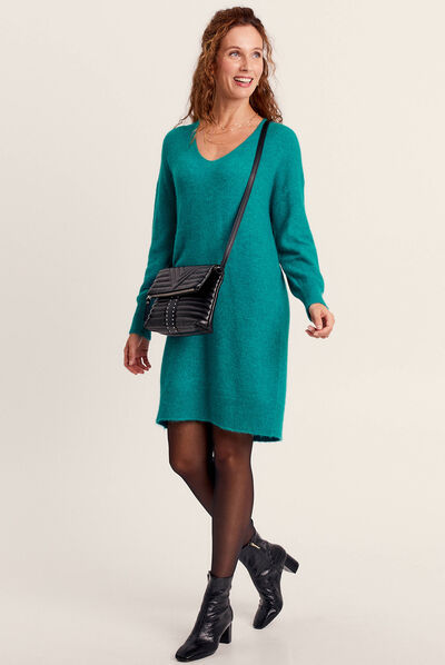 Robe pull droite col en V vert canard femme