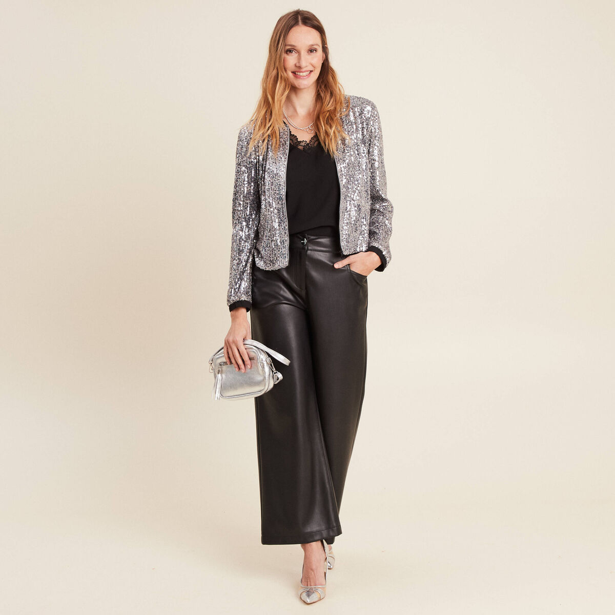 Veste zipp&eacute;e sequins gris argent femme