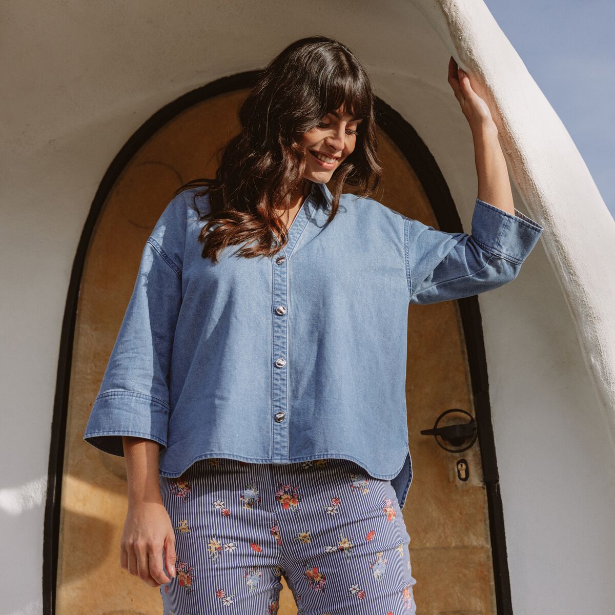 Chemise ample manches 3/4 col chemise denim double stone femme