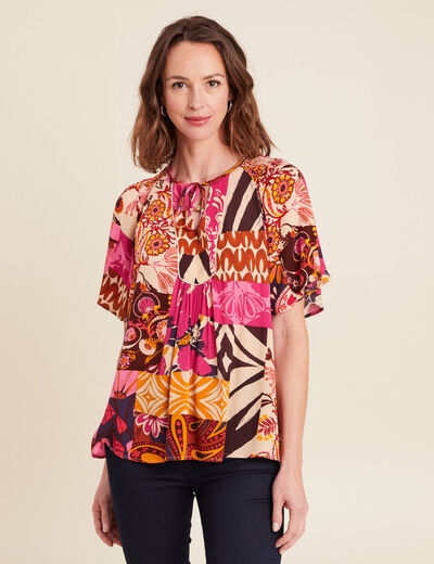 blouse ample crêpe col tunisien rose femme