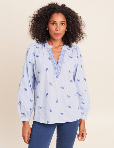 Blouse ample manches longues fluide bleu femme