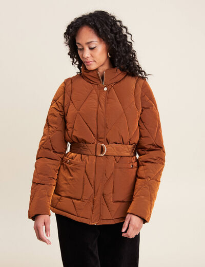 Doudoune déperlante cintrée ceinturée marron femme
