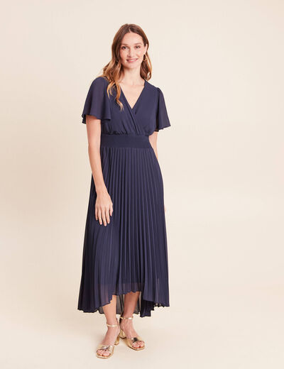 Robe longue &eacute;vas&eacute;e col v manches courtes bleu marine femme
