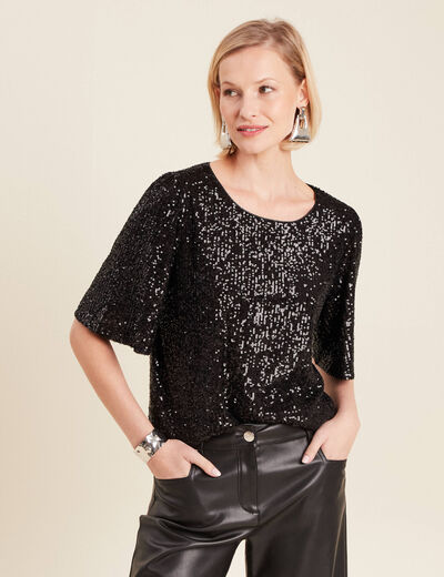 T-shirt manches 3/4 sequins noir femme