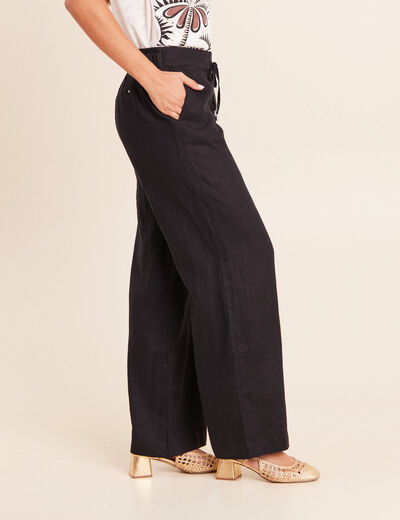 Pantalon large taille haute aspect lin noir femme