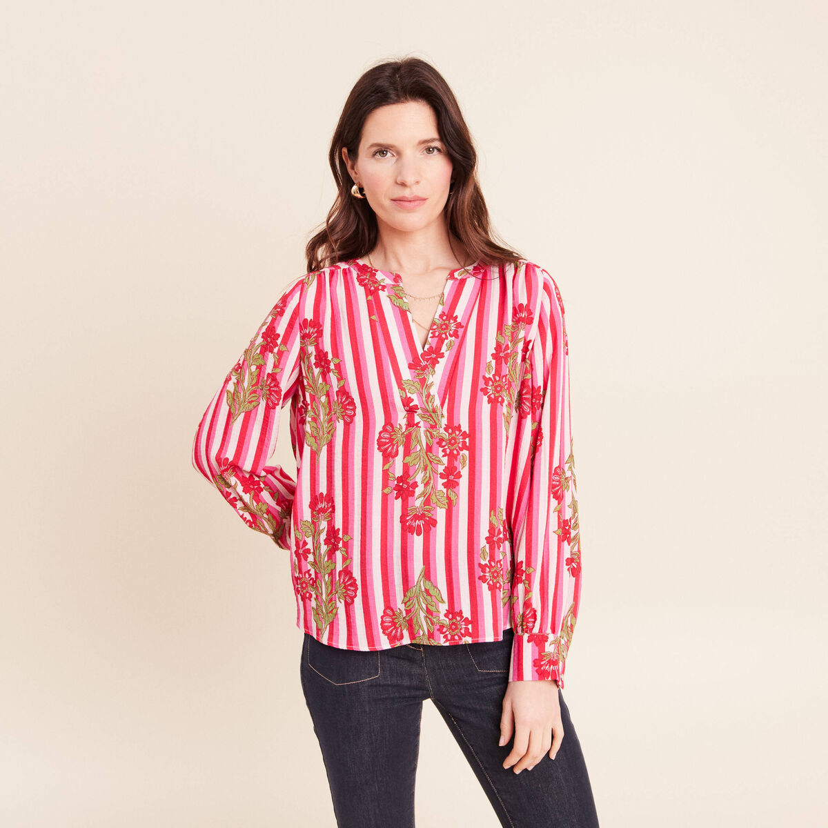 Blouse ample col v manches longues rose femme