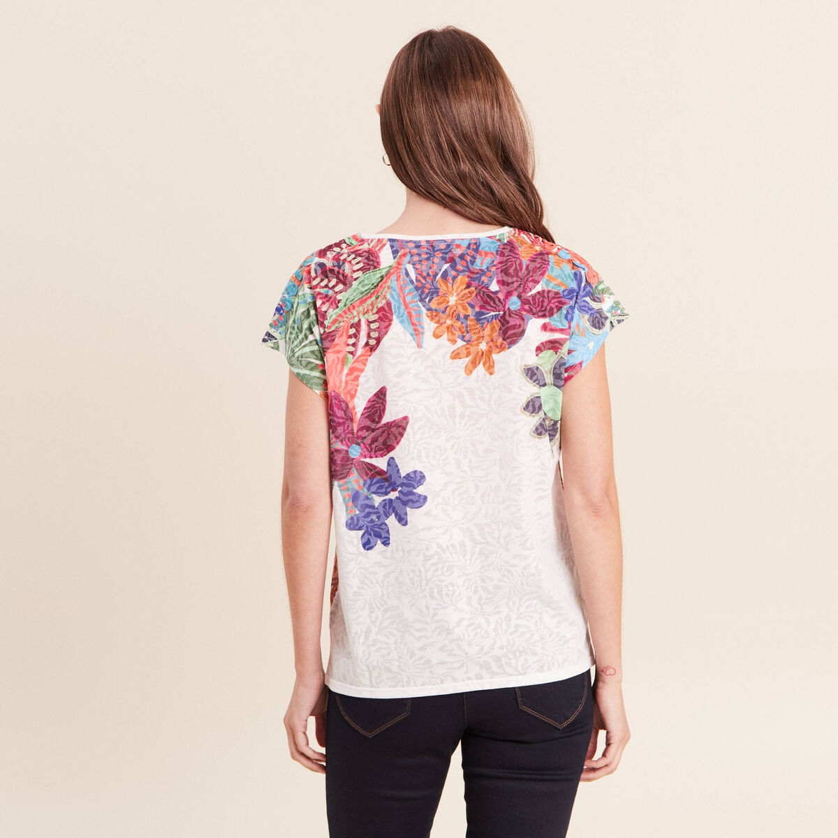 T-shirt droit col rond manches courtes ecru femme