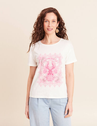 T-shirt col rond manches courtes brod&eacute; ecru femme