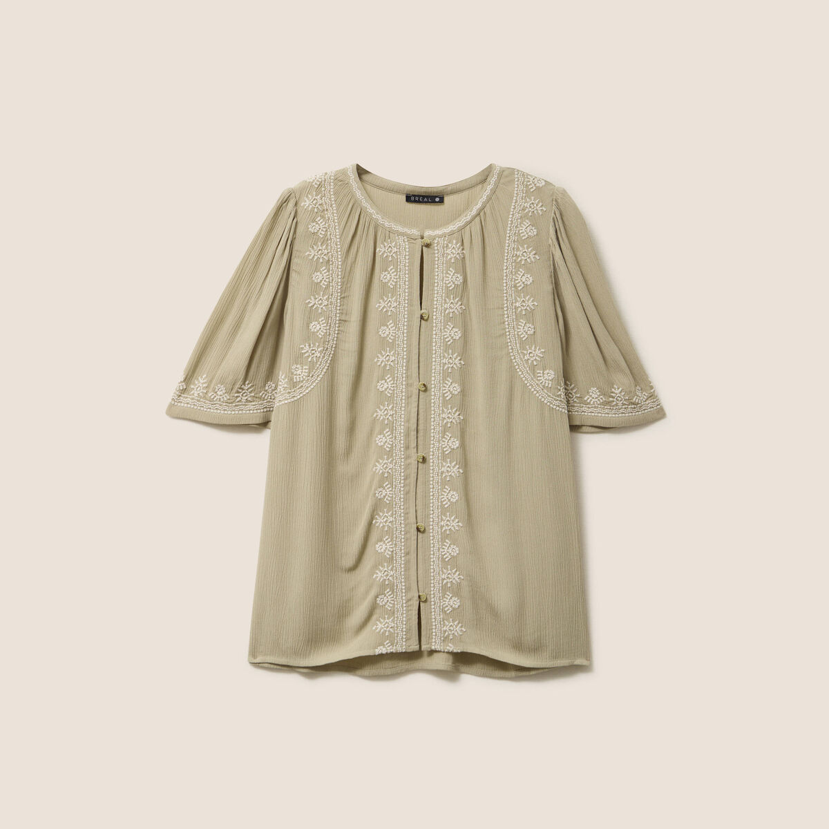 Chemise crêpe broderie col rond vert kaki femme