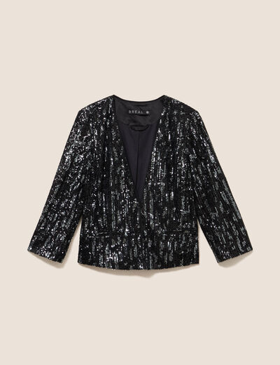 Veste ajust&eacute;e courte &agrave; sequins gris fonc&eacute; femme