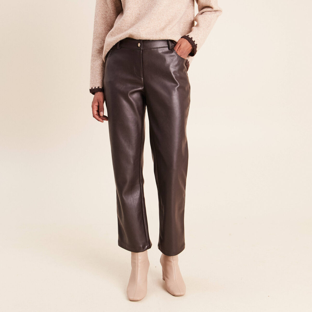 Pantalon droit 7/8&egrave;me taille bascul&eacute;e marron fonc&eacute; femme
