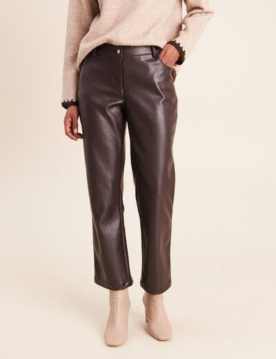 Pantalon droit 7/8&egrave;me taille bascul&eacute;e marron fonc&eacute; femme